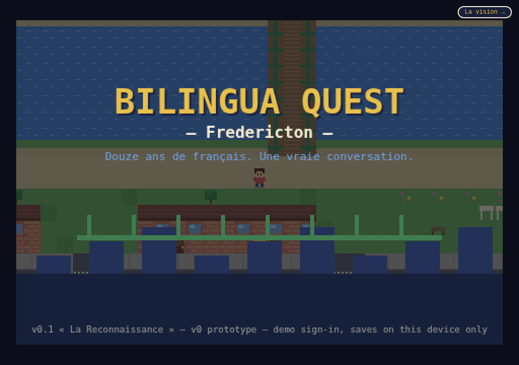 Bilingua Quest title screen with the walking bridge silhouette